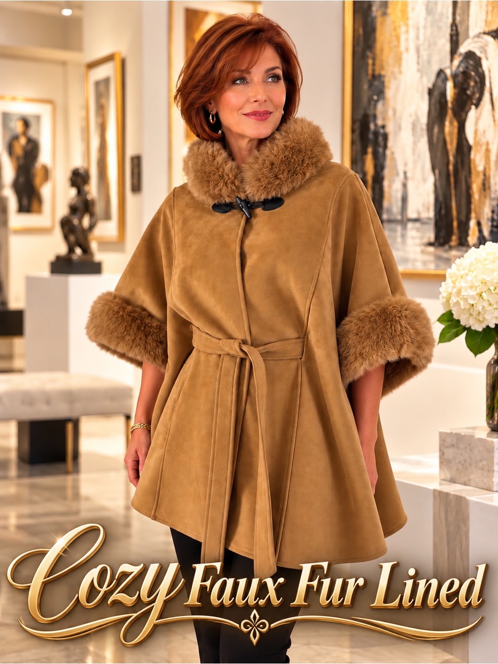 🆕😍😍😍Women’s Carmel Faux-Fur Trim Caplet with Tie Waist